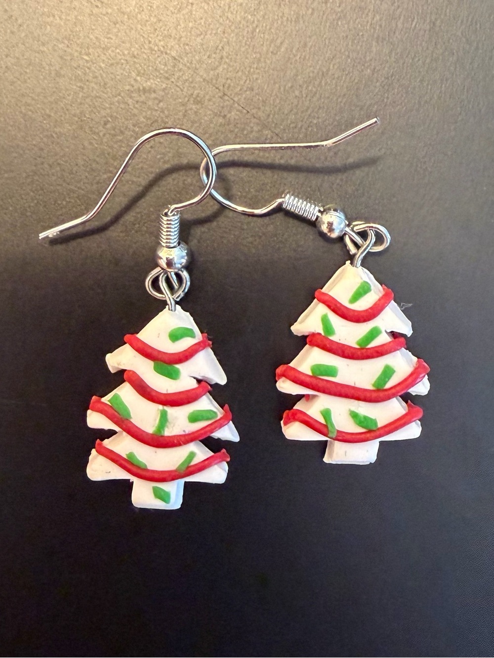 Festive White Christmas Tree Dangle Earrings with Red & Green Accents